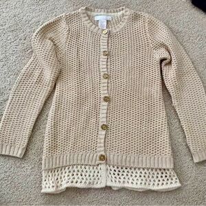 Girls Elegant Cotton Tan and Cream Cardigan Knit Sweater gold buttons sparkle